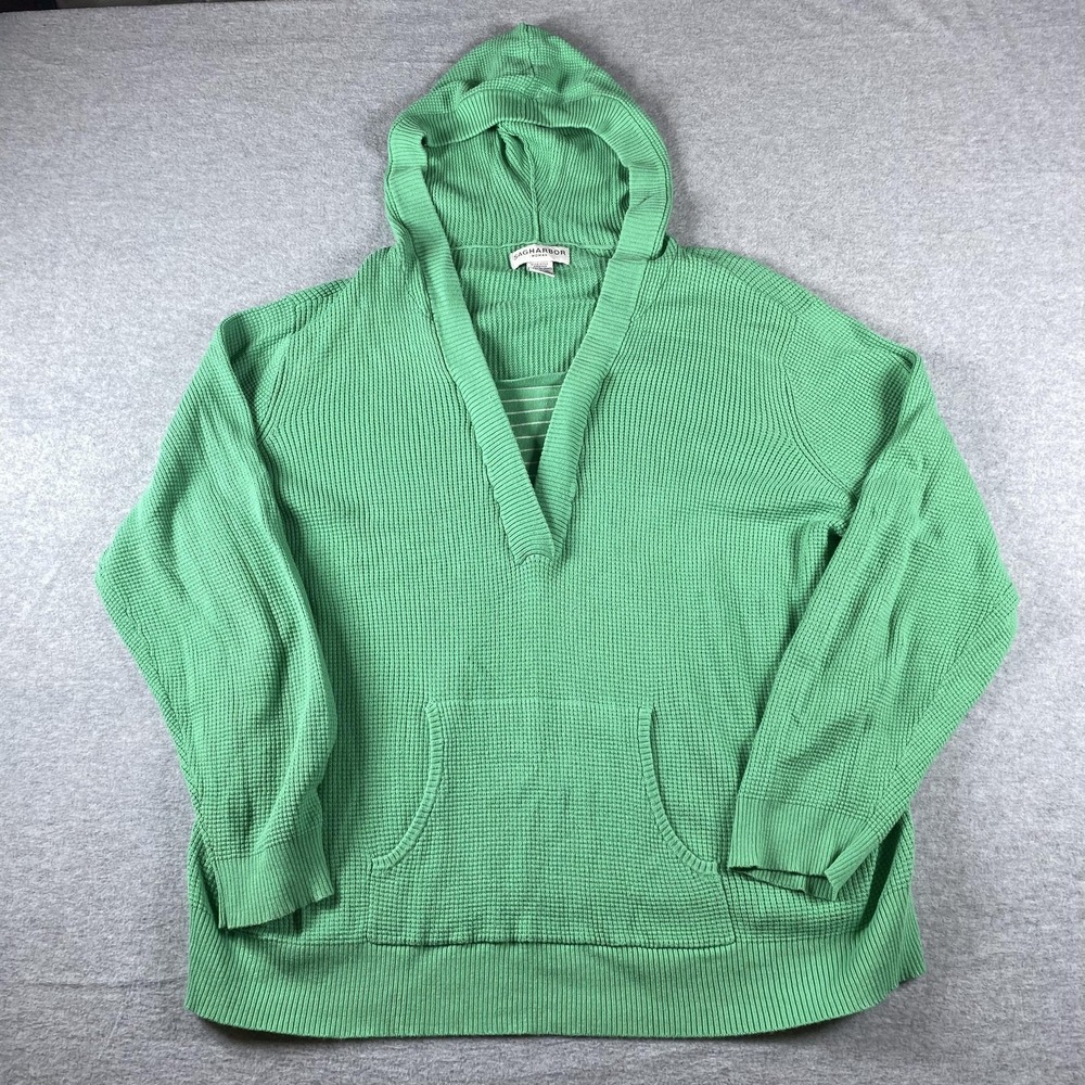Sag Harbor Sweater Womens 2X Green Hooded V Neck Knit Pullover Plus Pockets